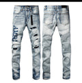 AMIRI Jeans 8942 - Light blue distressed denim with letter embroidery, front and back view