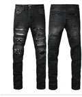 AMIRI Jeans 8944 - Black distressed denim with paint splatter patches, front and back view
