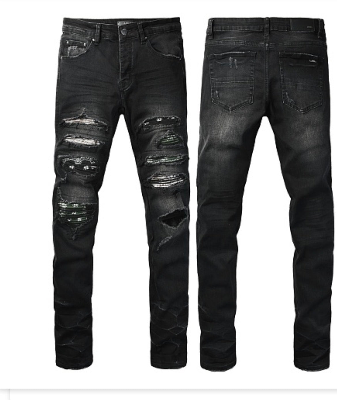 AMIRI Jeans 8944 - Black distressed denim with paint splatter patches, front and back view