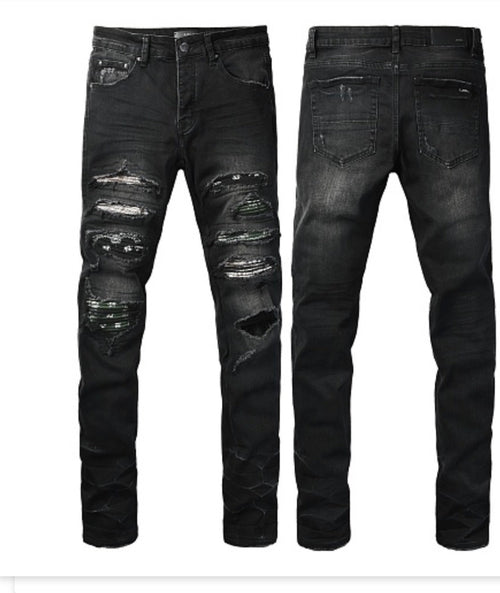 AMIRI Jeans 8944 - Black distressed denim with paint splatter patches, front and back view
