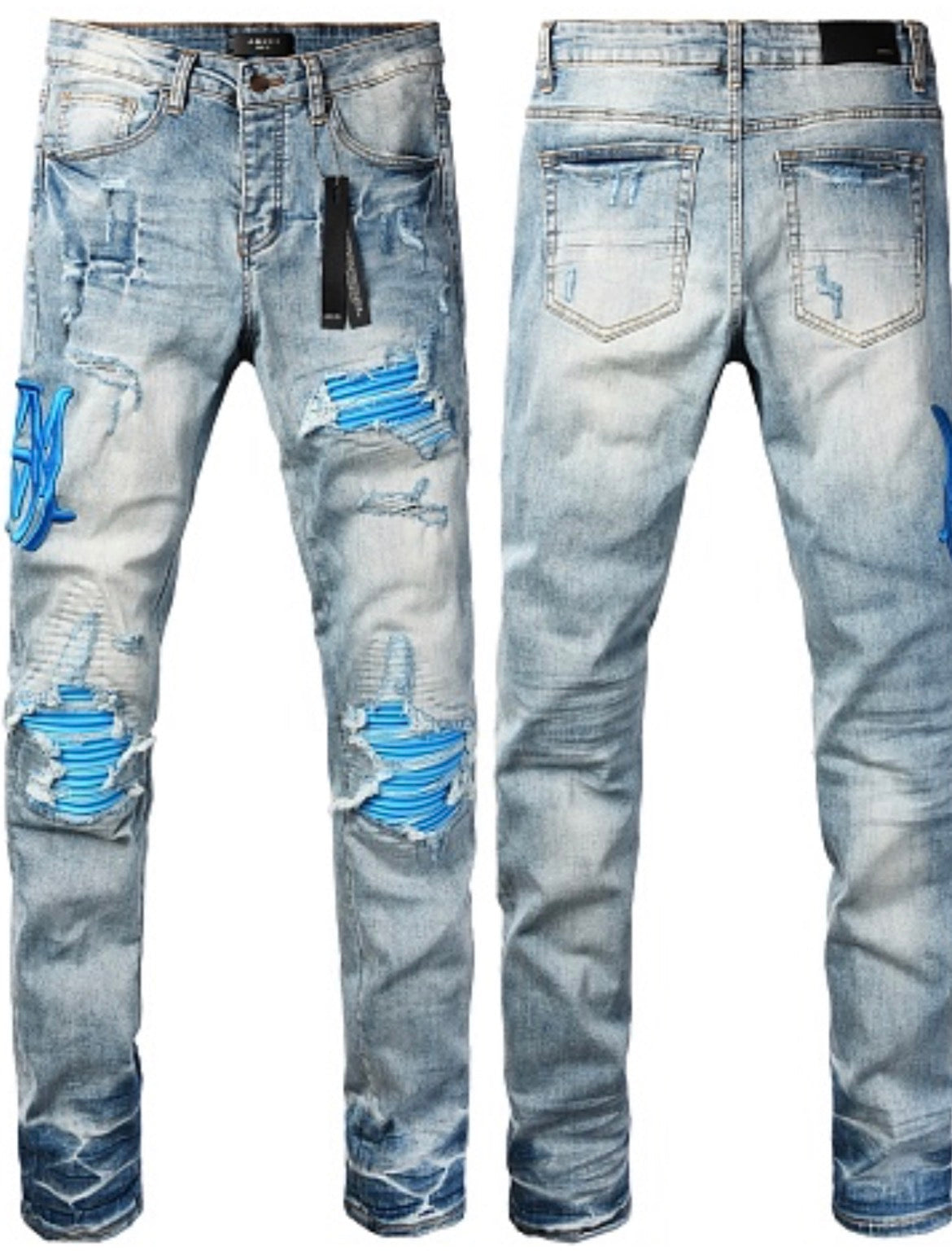 AMIRI Jeans 8949 - Light blue distressed denim with blue stitched patches, front and back view
