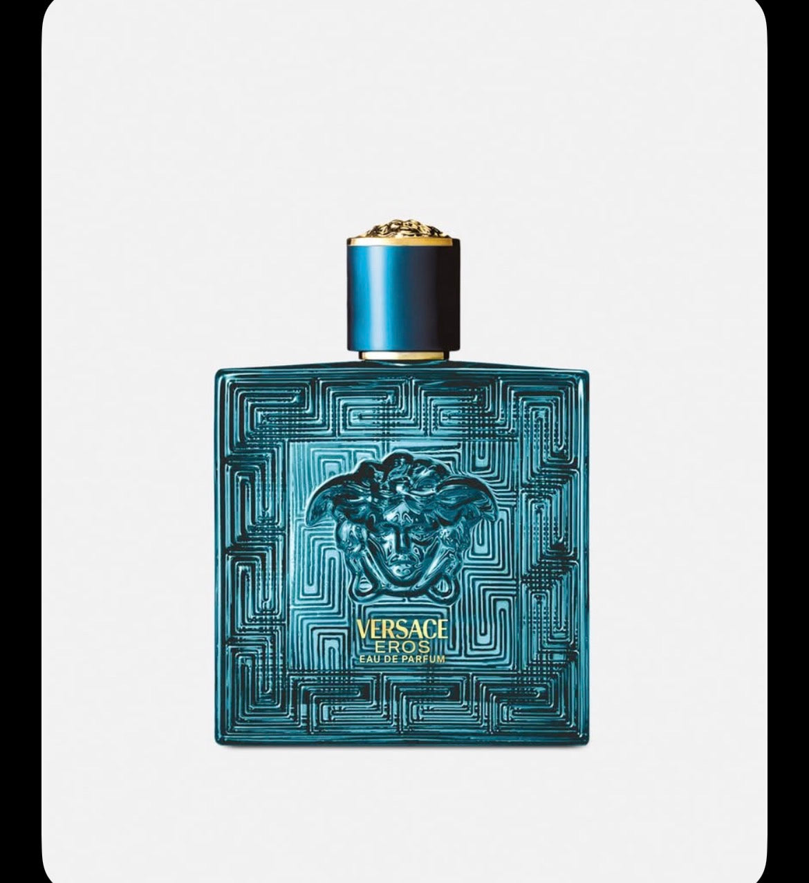 Versace Eros Eau de Parfum - teal labyrinth bottle with Medusa head and gold cap